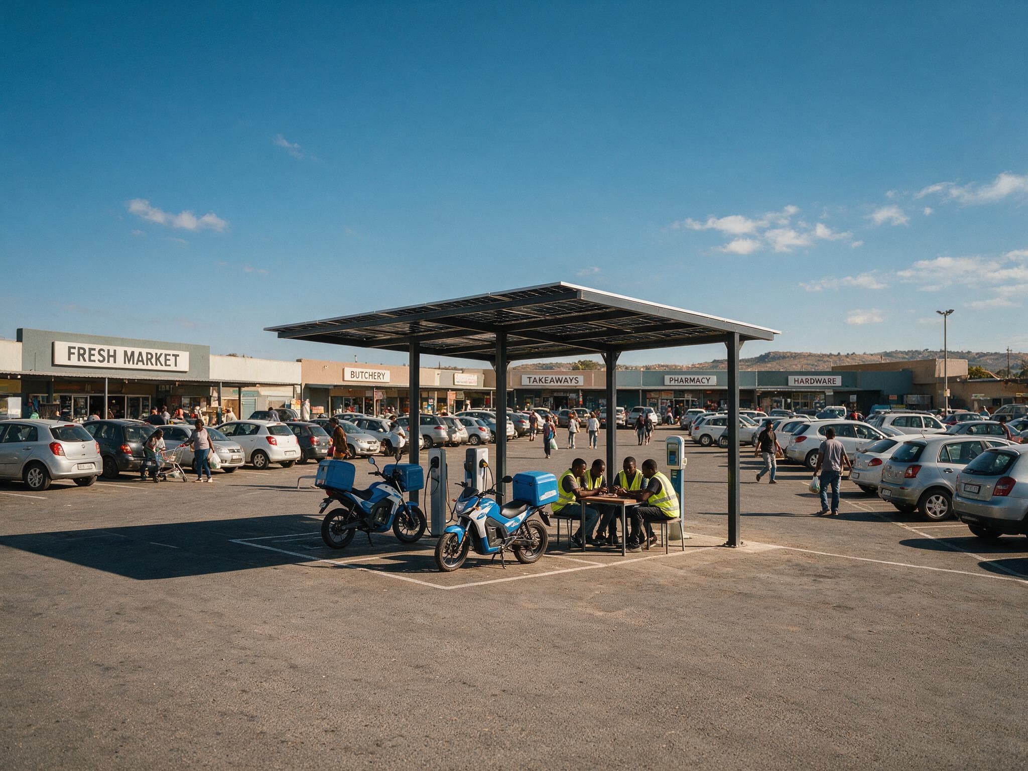 Electric delivery motorbikes charging at a solar canopy in a South African retail centre